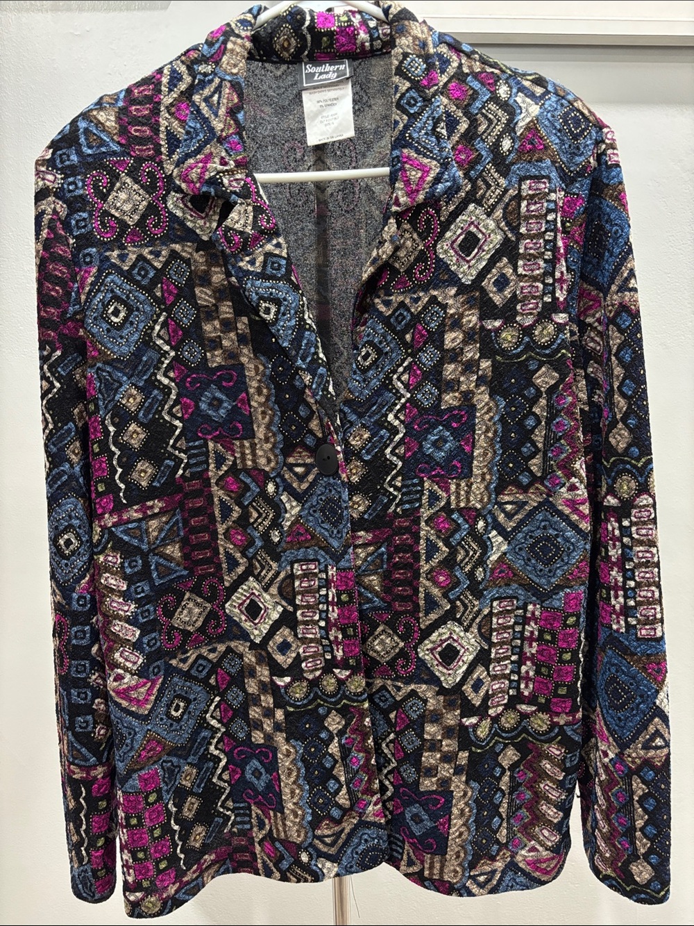 Southern Lady Geometric Print Blazer in Black, Blue & Pink Single Button L